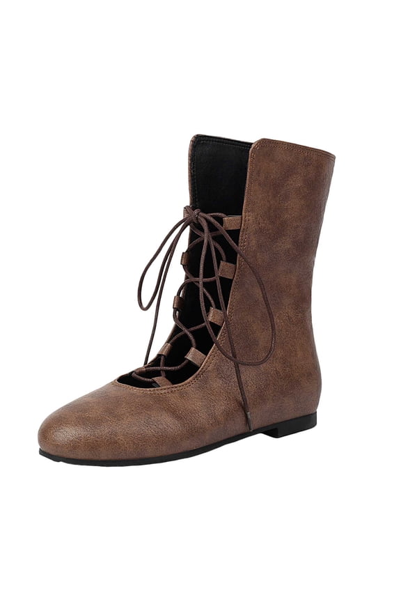 Vintage Mid Calf Combat Boots for Women with Middle Hollow out Strappy Flats Low Heel Gothic Short Dress Boots