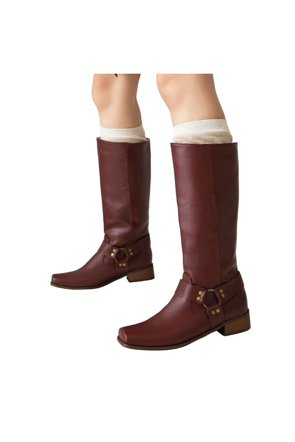 Vintage Mid Calf Cowboy Boots for Women Classic Buckle Leather Square Toe Low Heel Motorcycle Riding Cowgirl Boots