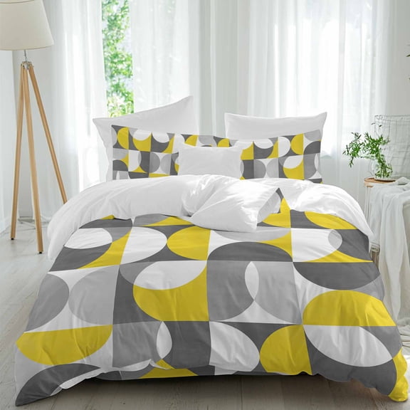 Vintage Mid-Century 4 Piece Duvet Cover Set Queen Size Modern Abstract Geometric Yellow Gray Soft Bedding Set Comforter Cover, 1 Duvet Cover 1 Flat Sheets and 2 Pillowcases