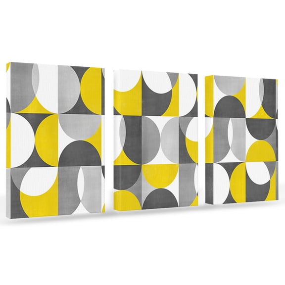 Vintage Mid-Century Canvas Wall Art 3 Panels, Modern Abstract Geometric Yellow Gray Framed Wall Decor Modern Artwork Prints Painting for Living Room, Bedroom, Kitchen & Cafe Decor 16" x 20"