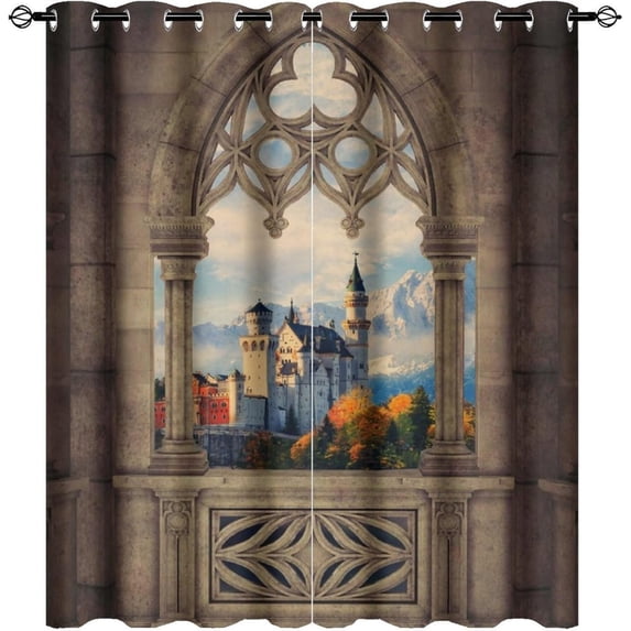 Vintage Mid Century Castle Curtains For Bedroom,Rustic Gothic Art Forest Snowy Mountain Arches Art Thermal Insulated Room Darkening Grommet Window Curtains For Living 38"W x 54"L (Pack of 2)