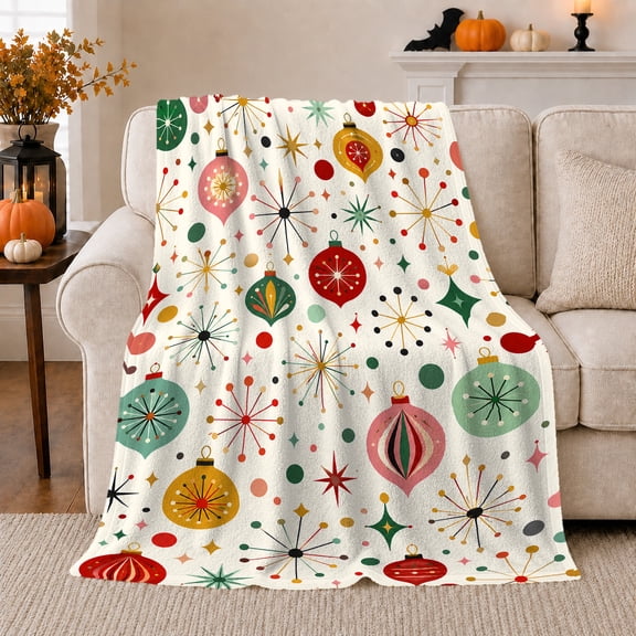 Vintage Mid-Century Christmas Ornaments Atomic, Festive Holiday Scene, Warm Flannel Blanket for Living Room and Reading Nook, Art Lovers Christmas Gift, Festive Home Decor