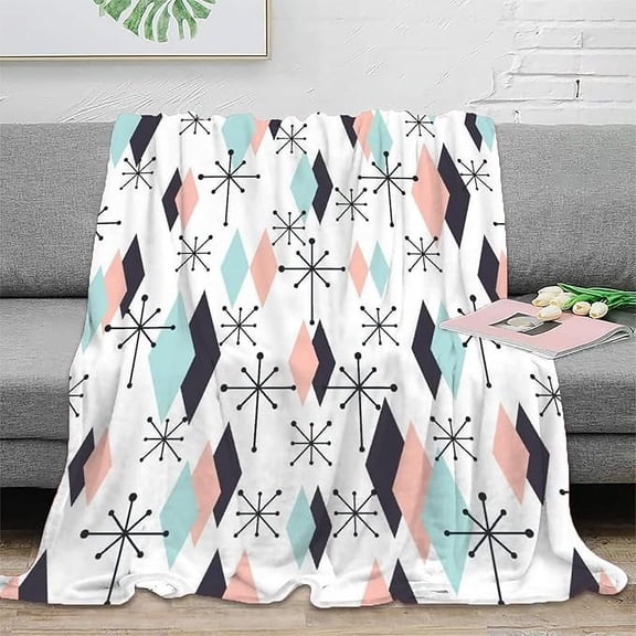 Vintage Mid Century Diamond Printed Throw Blanket, Abstract Boho Emerald Orange Diamond Print Ultra-Soft Blanket For Your Couch Sofa And Living Room 60" x 80"