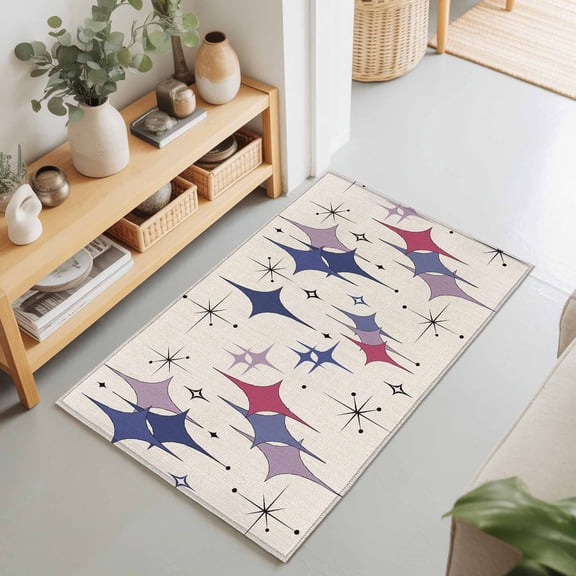 Vintage Mid Century Geometric Rectangle Rug 2'x3' Purple Abstract Rhombus Diamond Washable Area Rugs for Living Room Bedroom Entryway Non Slip Entrance Door Mat Indoor Floor Carpet