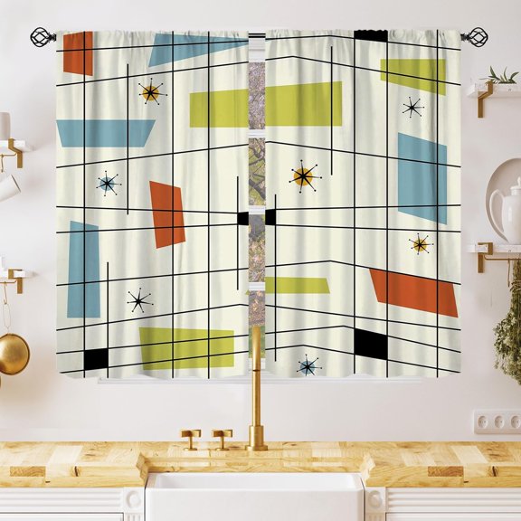 Vintage Mid Century Geometry Curtains, Retro Abstract Colorful 50s 60s Rustic Style Prints Rod Pocket Window Treatments Drapes for Bedroom Living Room Kitchen 63x63 Inch