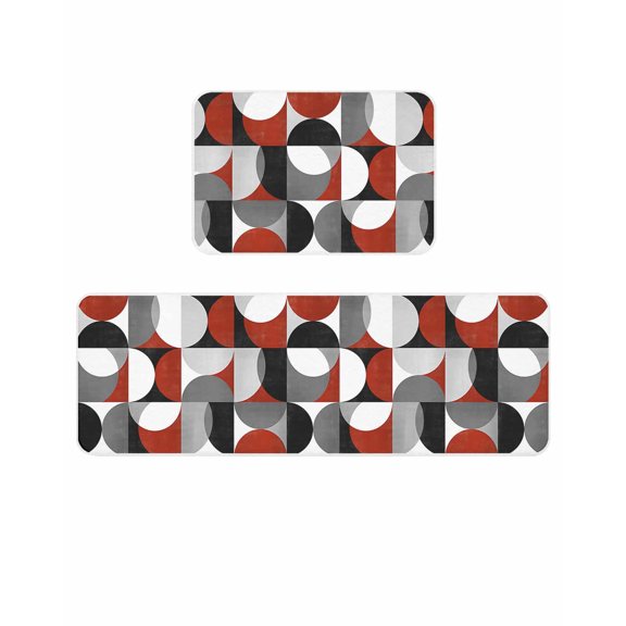 Vintage Mid-Century Kitchen Mats for Floor 2 Piece, Modern Abstract Geometric Red Gray Absorbent Non-Slip Kitchen Rugs Comfort Standing Mat for Laundry, Hallways 23.6"x35.4"+23.6"x70.9"