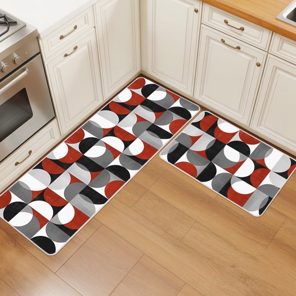 Vintage Mid-Century Kitchen Rugs Set of 2 Modern Abstract Geometric Red Gray Absorbent Non-Slip Kitchen Mats for Floor Cushioned Standing Carpet for Home, Office, Sink 15.7"x23.6"+15.7"x47.2"