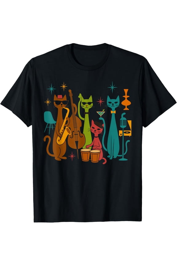 Vintage Mid Century Modern Look Cat Band 50s 60s Style T-Shirt