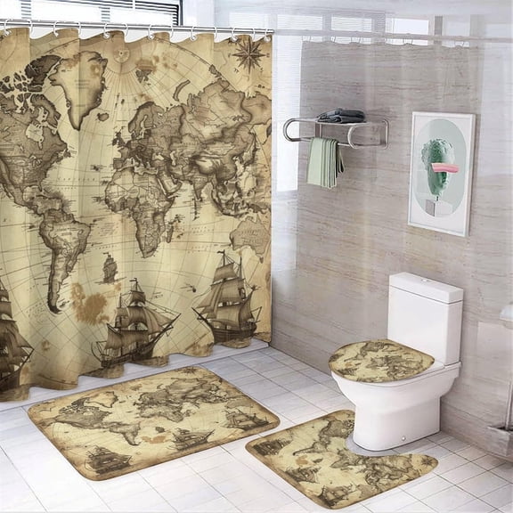 Vintage Mid Century Nautical Pirate Ship Shower Curtain set Watercolor Old Nautical Theme Compasses Suitable for Bathroom Decoration