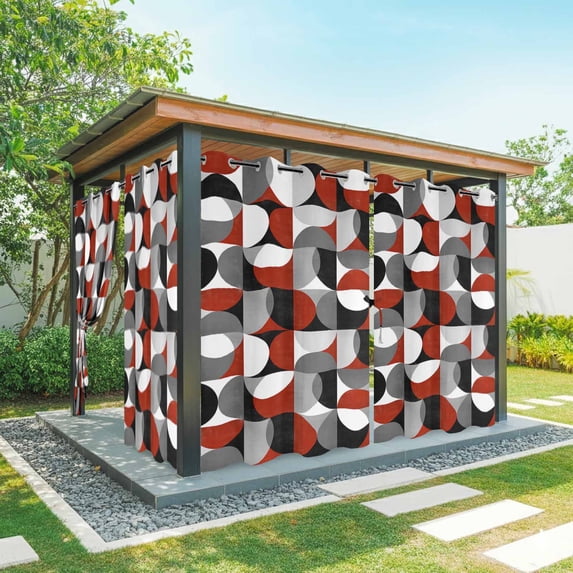 Vintage Mid-Century Outdoor Curtains for Patio Waterproof, Modern Abstract Geometric Red Gray Grommet Curtains for Porch Outside Privacy Drape for Gazebo Garden Pergola, 1 Panel, 54x84in