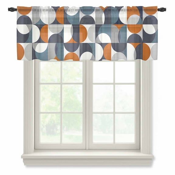 Vintage Mid-Century Semi Sheer Valance Curtains Modern Abstract Geometric Orange White Voile Valances Curtain Rod Pocket Small Window Treatment for Kitchen Bathroom Cafe 42"x18"