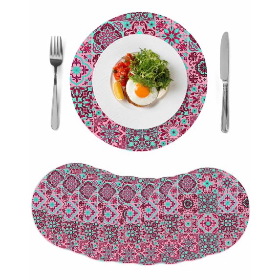 Vintage Middle Century Round 15 Inch Placemats Set of 8, Abstract Bohemia Style Aztec Pink HeatResistant Non Slip Place Mats for Dining Table, Wipeable Braided Kitchen Table Mats for Housewarming