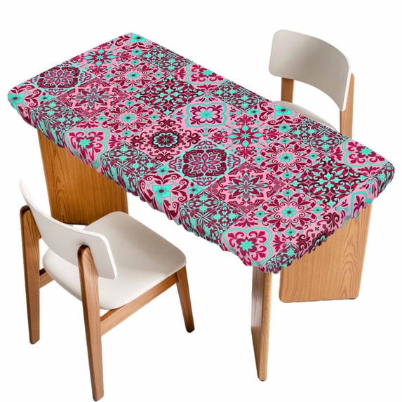 Vintage Middle Century Table Cloths for 5 Foot Rectangle Tables, Abstract Bohemia Style Aztec Pink Patio Waterproof Elastic Fitted Tablecloths, Washable Rectangular Table Cover for Camping
