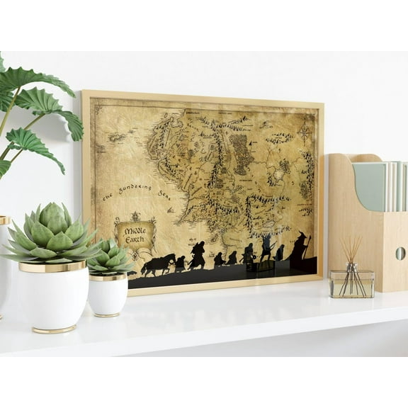 Vintage Middle Earth Map Digital Poster, Lord Of The Rings Fellowship Silhouette Print, Retro Fantasy Travel Wall Art, Literary Fan Gift, Unframed Poster Size 8x12