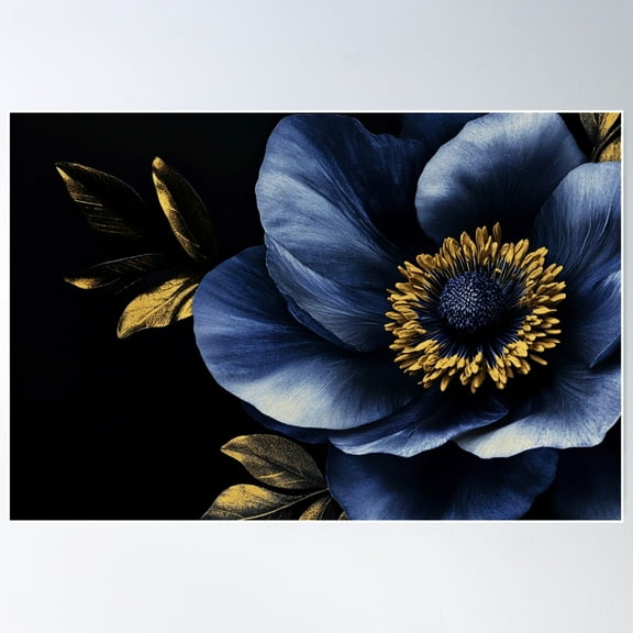 Vintage Midnight Gold Blue Flower Poster Wall Art, Modern Wall Decor For Living Room Bedroom, 8x12 UNFRAMED