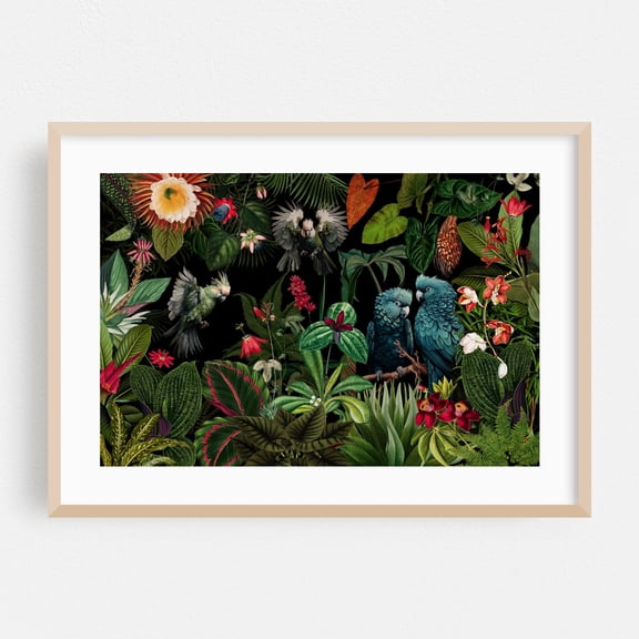 Vintage Midnight Tropical Jungle With Exotic Birds - Painting Botanical Tropical Floral Bird Nature Wildlife Jungle Oak Framed Wall Art Print 24 x 36 inches