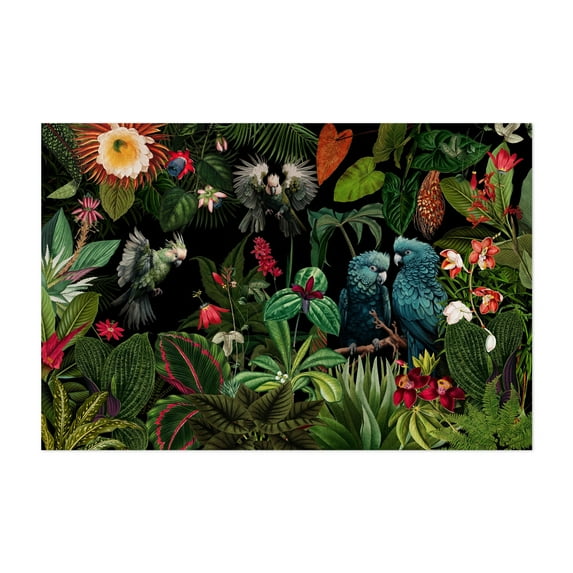 Vintage Midnight Tropical Jungle With Exotic Birds - Painting Botanical Tropical Floral Bird Nature Wildlife Jungle Unframed Wall Art Print 20 x 30 inches