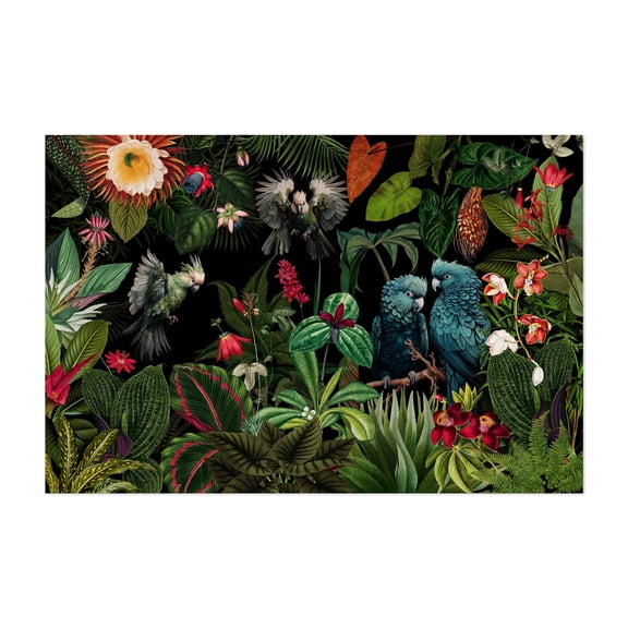 Vintage Midnight Tropical Jungle With Exotic Birds - Painting Botanical Tropical Floral Bird Nature Wildlife Jungle Unframed Wall Art Print 40 x 60 inches
