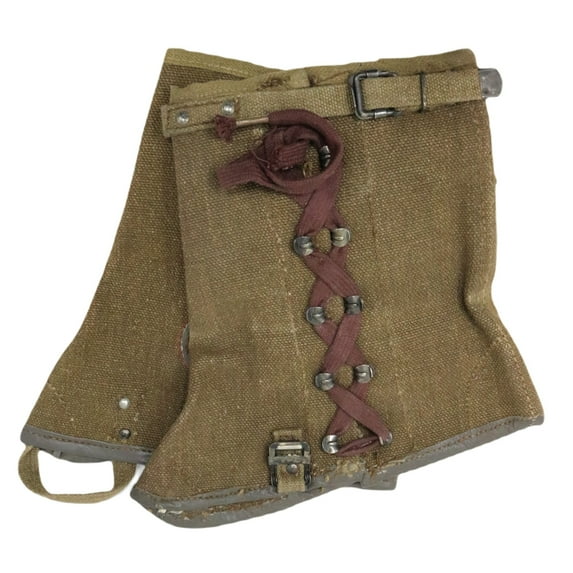Vintage Military Gaiters,, Cotton Canvas, Leather Trim, Made in Italy, Laces, Size 1