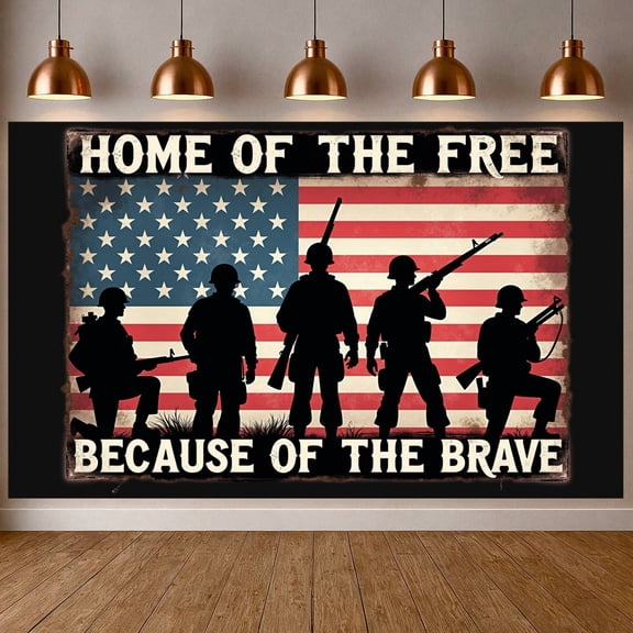Vintage Military Honor Banner Soldier US Veteran Backdrop Red White Blue Color Scheme Rustic Border Patriotism Display for Veterans Day Celebration Independence Day Event Military Homecoming