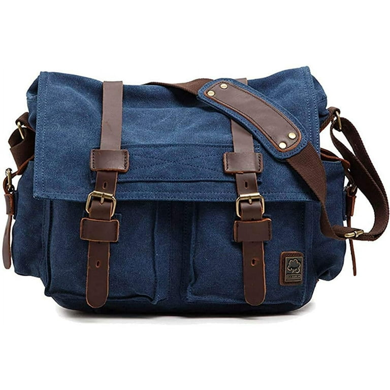 Vintage Military Leather Canvas Laptop Bag Messenger Bags Medium Boho Satchel School Bag, Men's, Size: XL--17, Blue