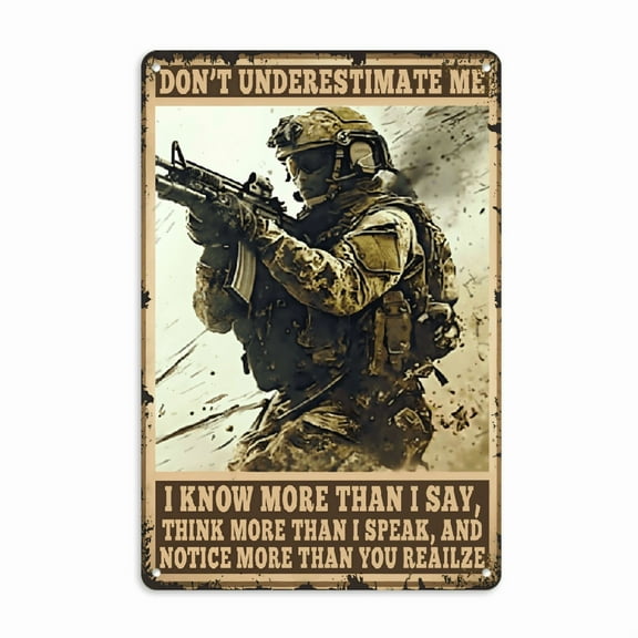 Vintage Military Tin Sign, Army Veteran Themed Wall Decor, 8x12 Inch, Weather-Resistant Metal Plaque, Pre-Drilled, Easy Mount, with Multipurpose Home & Man Cave Decorative Sign for Garage, Shed, Offi