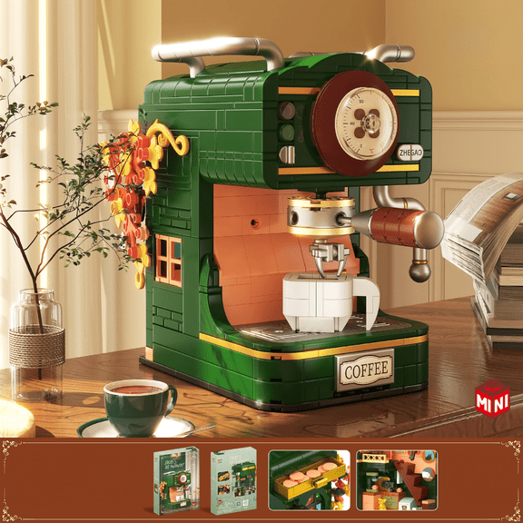 Vintage Mini Building Block Set, Retro Phone & Coffee Machine Desk Display Model Toy