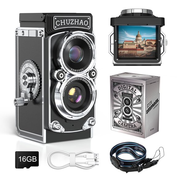 Mini Vintage Digital Camera, Portable Retro Twin-Lens Reflex Style Digital Camera with 16GB Card, 12MP Photos, Autofocus, 1080P FHD Video, Dual Filters, Perfect for Boys & Girls,Valentines Day Gifts