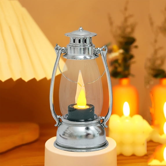 Vintage Mini Lanterns, 2.9x5.1x2.3inch LED Hand-Held Kerosene Lamp, Flameless Candles Light with Built in Battery, Suitable for Western Cowboy Party & Camping Decor(Silver)