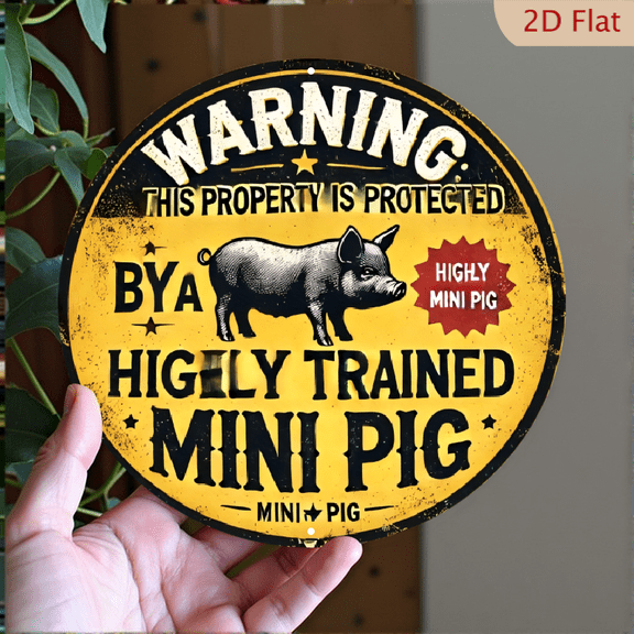 Vintage Mini Pig Warning Sign, 8x8 Inch Round Metal Wall Art Decor, Funny Farm Animal Novelty Aluminum Sign for Home Kitchen Office Wall Decoration