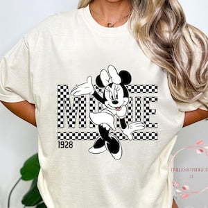 Vintage Minnie Mouse Shirt, Retro 1928 Checkerboard Tee, Black White Disney Top, Streetwear Style, Classic Disney Gift