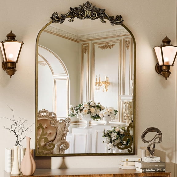 Vintage Mirror, 30x40 Antique Decorative Mirrors with Flower Head, Bronze Ornate Mirror for Wall, Tempered Glass, Baroque Mirrors for Bathroom Living Room Fireplace Entryway