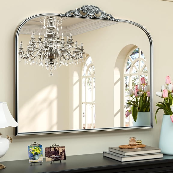 Vintage Mirror for Wall, 40" x 30" Silver Mirror with Metal Frame, Ornate Arched Decoration, Brass Mirror for Mantle, Living Room, French Cleat Mounting