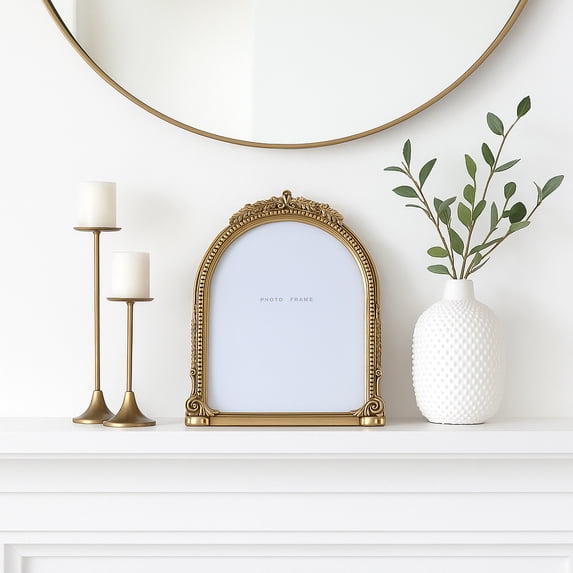 Decorative Ornate Arched Picture Frame - Elegant Photo Frame for Tabletop Decor, Shelf Accent, or Living Room Decor - Vintage Inspired Frame for Pictures or Artwork Display - 12", Gold & Metallic