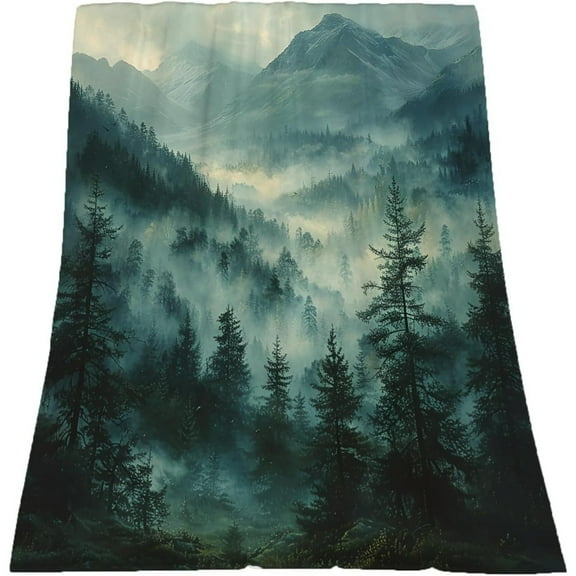 Vintage Misty Forest Rainforest Trees Green Nature Flannel Blanket Hypoallergenic All Seasons Machine Washable Digital PrintMultipurpose Luxury Bedding for Sofa Living Room Bedroom