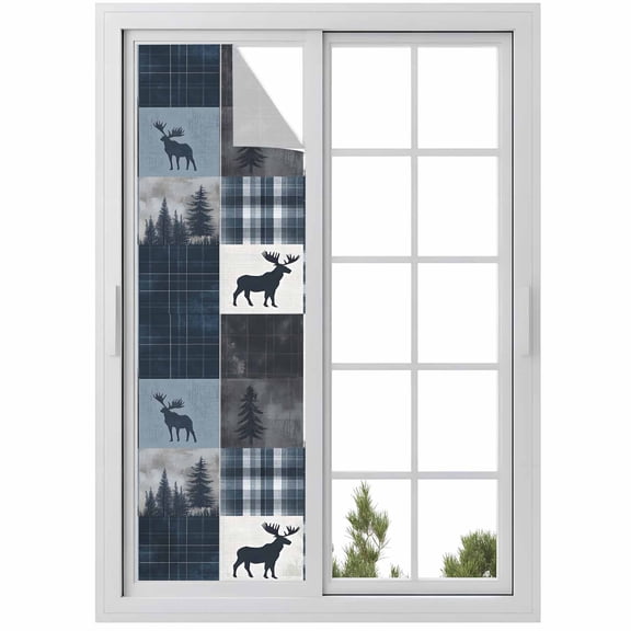 Vintage Miu Deer Window Privacy Film Geometric Patchwork Plaid Abies Decorative Glass Window Film UV Blocking Static Cling Non-Adhesive Sticker Covering for Home Door 17.7 x 78.7 inches