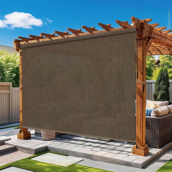 Vintage Mocha Outdoor Roller Shades 8' W x 8' H, Exterior Cordless Shade Roll up-Down Blinds Spliced Design (Fixed 2 Poles, One-Full Piece Fabric Sunshade Screen)