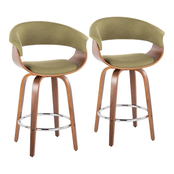 Vintage Mod 26" Mid-Century Modern Fixed-Height Counter Stool with Swivel in Walnut Wood and Green Fabric with Round Chrome Metal Footrest by LumiSource - Set of 2