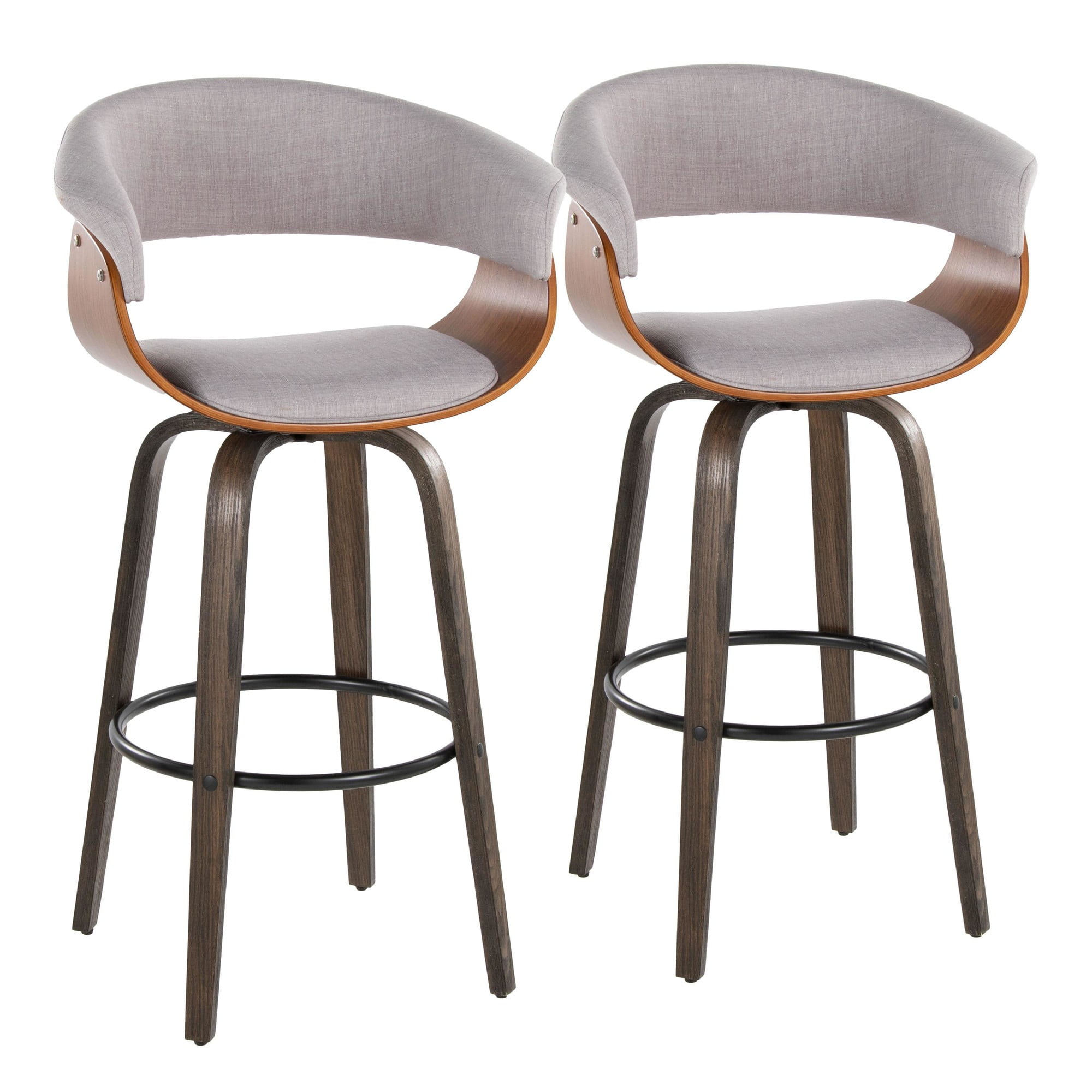 Gray and Walnut Swivel Barstool with Cushioned Seat, Set of 2