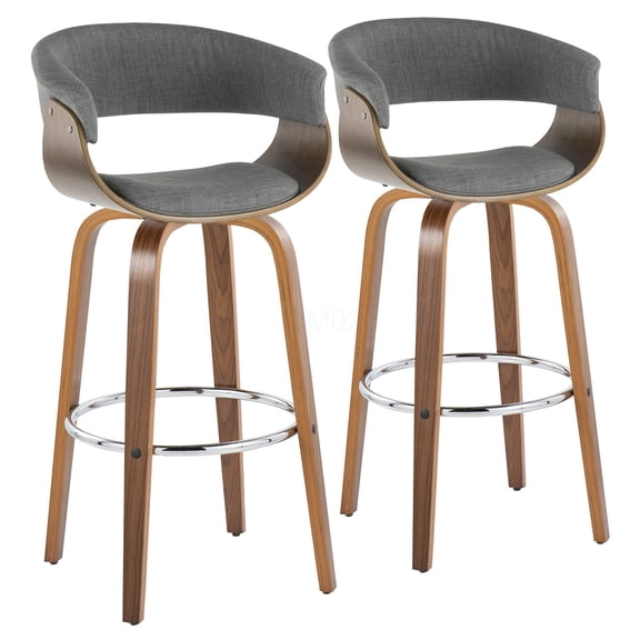 Vintage Mod 30" Mid-Century Modern Bar Stool Set of 2, Light Grey Fabric with Walnut Wood Finish and Chrome Footrest