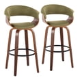 thumbnail image 1 of Vintage Mod 30" Mid-Century Modern Fixed-Height Barstool with Swivel in Walnut Wood and Green Fabric with Round Black Metal Footrest by LumiSource - Set of 2, 1 of 4