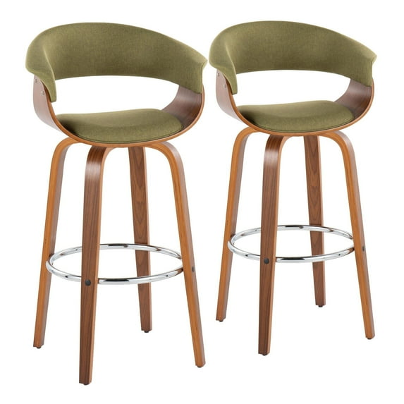 Vintage Mod 30" Mid-Century Modern Fixed-Height Barstool with Swivel in Walnut Wood and Green Fabric with Round Chrome Metal Footrest by LumiSource - Set of 2