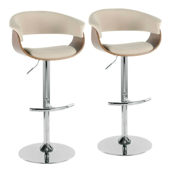 Vintage Mod Mid-Century Modern Adjustable Barstool With Swivel In Walnut And Cream Fabric - Set Of 2