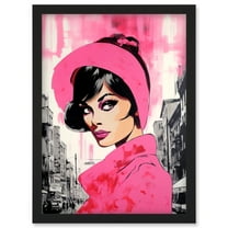 Vintage Model in Downtown Street Retro Pink Artwork Framed Wall Art Print A4