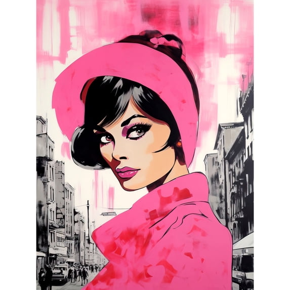 Vintage Model in Downtown Street Retro Pink Large Wall Art Poster Print Thick Paper 18X24 Inch