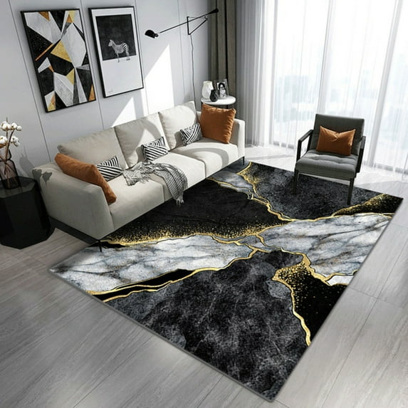 Vintage Modern Abstract Marble Pattern Area Rugs, Black Grey Gold Carpet For Living Room Bedroom Soft Rug Home Office Floor Runners Rug 5' x 6'
