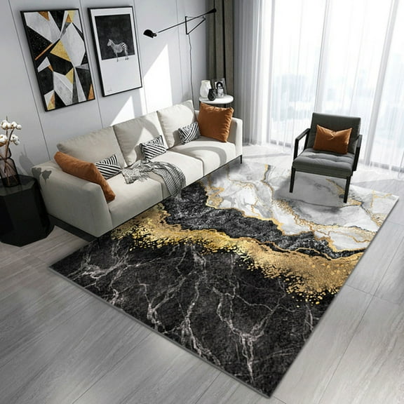 Vintage Modern Abstract Marble Pattern Area Rugs, Black White Gold Carpet For Living Room Bedroom Soft Rug Home Office Floor Runners Rug 3' x 4'