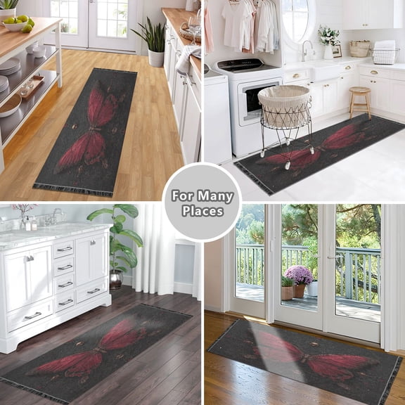 Vintage Modern Runner Rug,Non Slip Machine Washable 72"x23.5" Polyester Material Pet-Friendly Durable,Applicable to Entryway Rug Living Room Rug Deep Red Butterfly