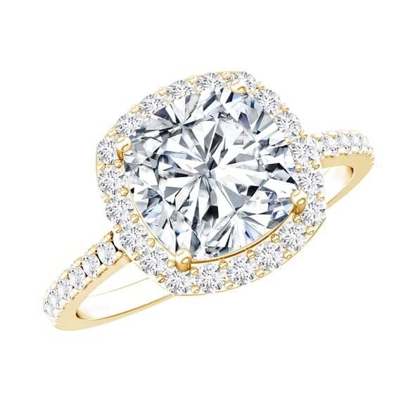 Rosec Jewels Vintage Moissanite Engagement Ring with Accent - 8 mm Cushion Cut Moissanite 3 Carat - D-VS1 Grade, 14K Yellow Gold, US 5.00