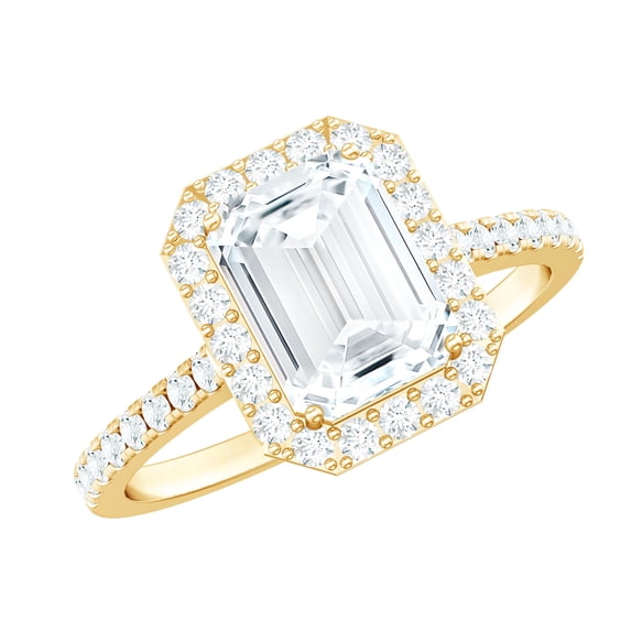Rosec Jewels Certified Moissanite Emerald Cut Engagement Ring 2 Carat - Moissanite Halo Ring (6X8 mm, D-VS1 Quality), 10K Yellow Gold, US 6.00